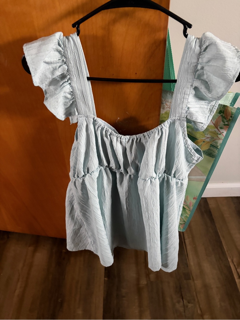 Maternity Pale Blue Ruffle Sleeve Smocked Bodice Top